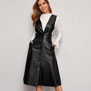 Plunging Neck Pleather Button Up Dress
